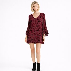 Nwt Honey Belle Mini Burgundy Black Velvet Floral Tunic Dress Bell Sleeve Size L